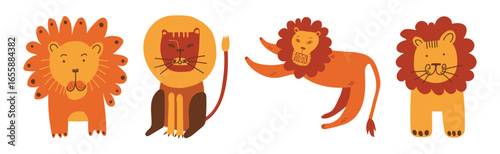 Funny Lion with Pretty Muzzle and Mane Vector Set