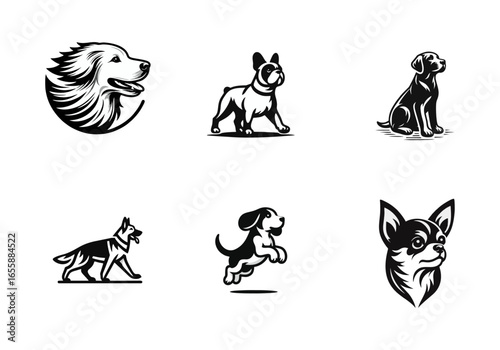 Variety of Dog Breed Illustrations in Black and White