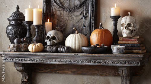 Fototapeta Naklejka Na Ścianę i Meble -  Eerie mantel decor with pumpkins, skulls, and candles create a spooky yet stylish Halloween scene. Perfect for a festive fall ambiance! #HalloweenDecor