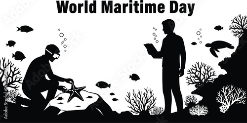 Silhouette of a world maritime day with diver and scientist exploring marine life