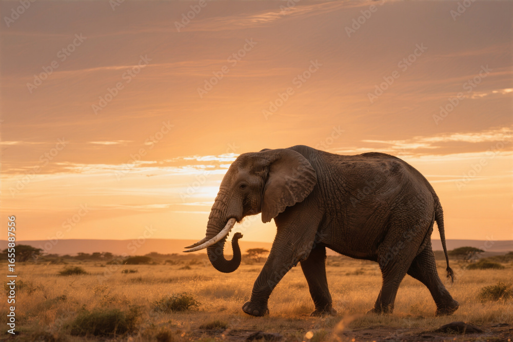 Fototapeta premium African elephant walking in golden savanna at sunset