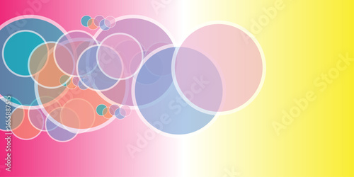 "A vibrant abstract background with overlapping translucent circles in shades of blue, pink, orange, and purple, set against a gradient backdrop transitioning from pink to yellow, creating a lively an