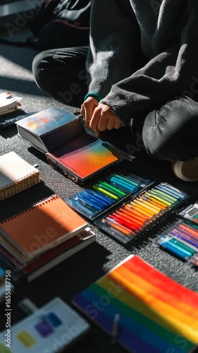 Creative workspace with colorful art supplies and vibrant sketchbooks