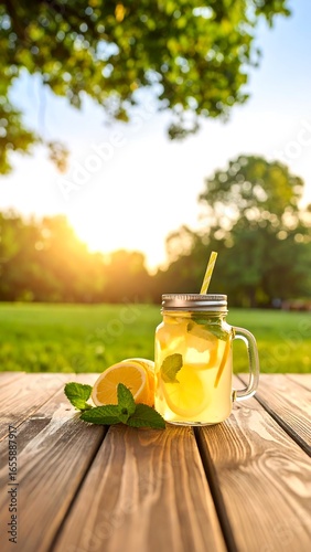 Refreshing lemonade on a wooden table, outdoors