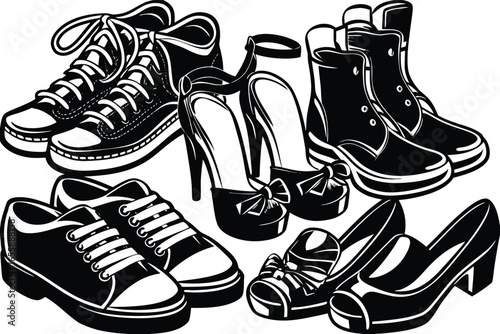 Vector art of assortment of footwear including boots, sneakers, and high heels.