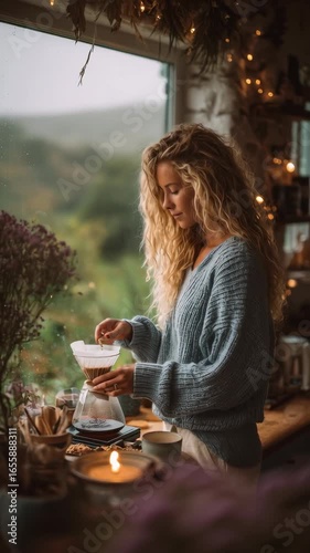 Woman Brewing Coffee in Cozy Kitchen with Natural Light