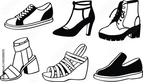 Vector art of collection of various shoe types including boots, sandals, heels, and sneakers.