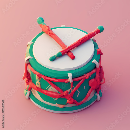 Single Moroccan Drum with Drumsticks. A 3D close-up of a single stylized Moroccan drum with a white surface and crossed drumsticks on a pink background, ideal for music-related themes.