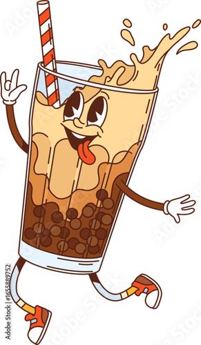 Hippie bubble tea drink retro groovy character. Fast food sweet drink vintage cartoon character, cafe dessert beverage funky vector mascot. Bubble tea glass groovy personage with splash and straw