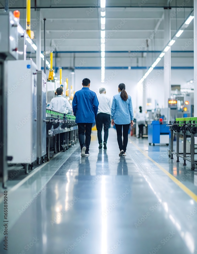 Obraz premium Workers walking down a modern factory aisle
