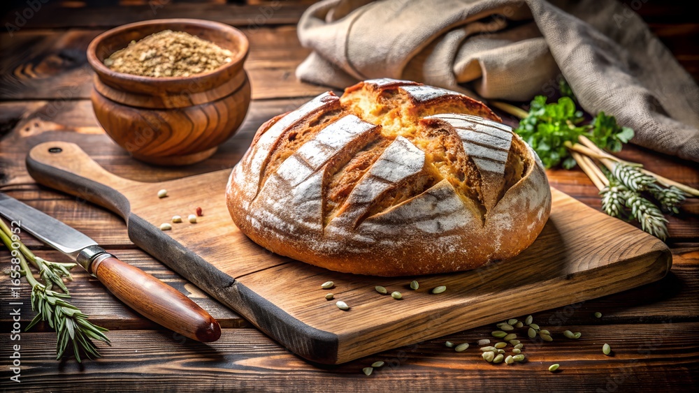 Fototapeta premium Artisan sourdough bread on a rustic wooden cutting board