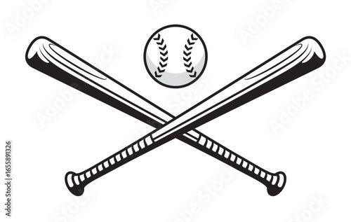 Monochrome two crossed baseball bats, icon sports tool. Vector illustration, isolated on white background. Simple shape for design logo, emblem, symbol, sign, badge, label, stamp