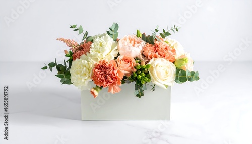 Elegant Peach and White Flower Arrangement in a Modern Box