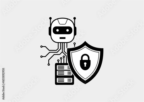 Artificial intelligence robot with big data server and shield lock symbolizing secure digital information protection