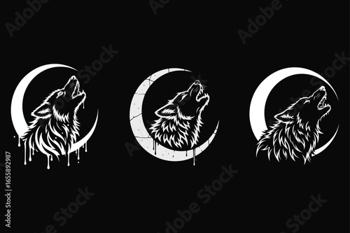 Howling wolves crescent moons dripping wolf white