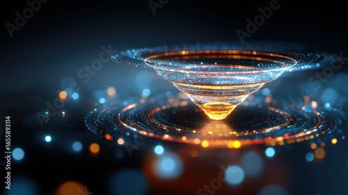 Bstract data funnel with glowing particles for digital marketing and analytics use