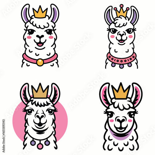 Four regal llamas wearing crowns and collars alpaca