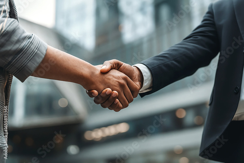 Deal Sealed: A symbolic handshake solidifies a successful business venture, representing collaboration and trust against a backdrop of modern architecture.
