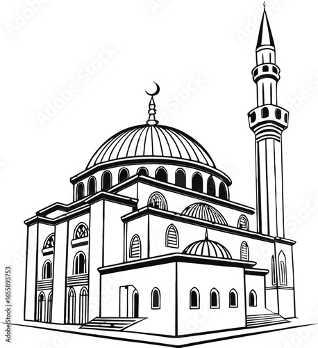 Taj Mahal vector illustration of mosque architecture with domes and minarets in the sky