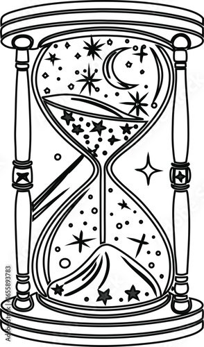 Vector illustration of an antique hourglass with sand passing through the glass, a classic symbol of time