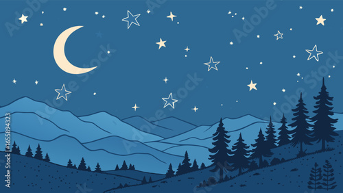 A Starry Night Over Serene Blue Mountains and Pine Trees
