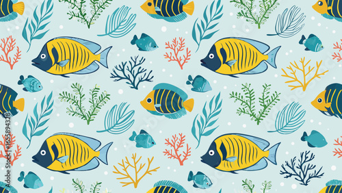 Colorful seamless pattern of tropical fish and seaweed. Underwater marine life vector background.
