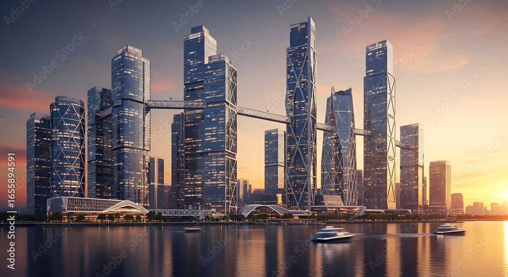Obraz premium A cityscape with glowing glass towers, futuristic architecture, and reflections in water during golden hour.