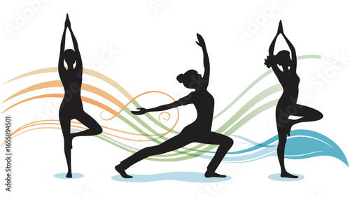 Silhouettes of graceful women practicing yoga poses, embodying health, balance, and mindful living.