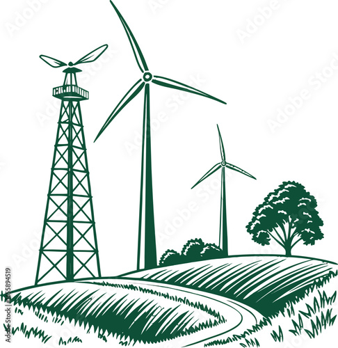 Blue sky and green fields surround a wind turbine generating clean, renewable energy