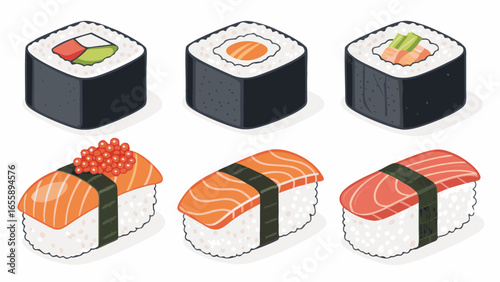 Isometric vector illustration of a Japanese sushi and maki roll set with salmon and tuna