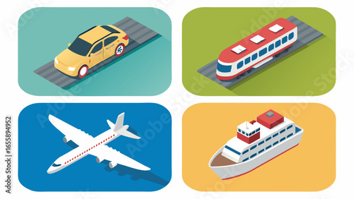 Isometric Transport Icons Collection Car, Train, Airplane, and Ship for Global Mobility and Logistics Solutions