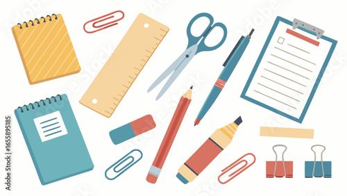 Collection of school and office stationery supplies flat lay vector illustration