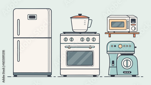 Modern Kitchen Appliances Illustration Refrigerator, Oven, Microwave, and Mixer