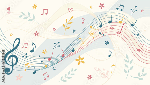 Harmonious Melody Background with Abstract Musical Notes, Treble Clef and Delicate Botanical Elements