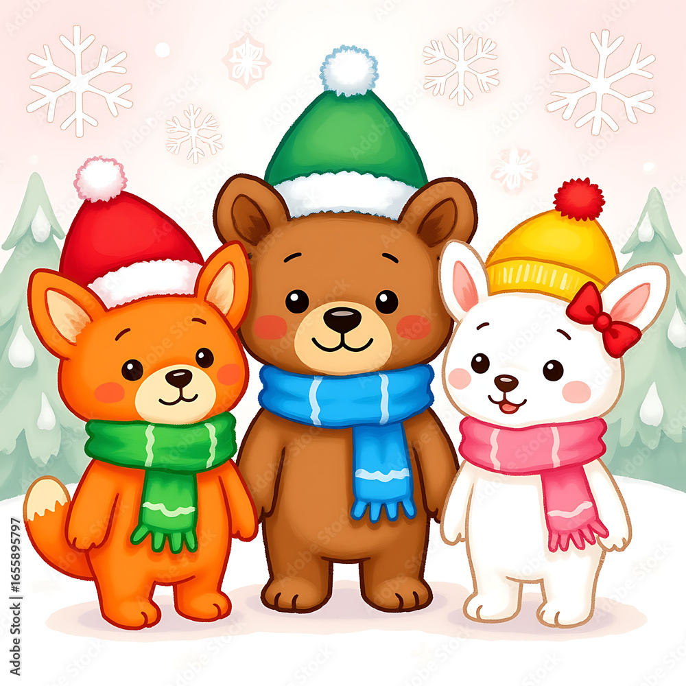 Fototapeta premium Cute Cartoon Woodland Animals in Winter Hats and Scarves in Snowy Scene