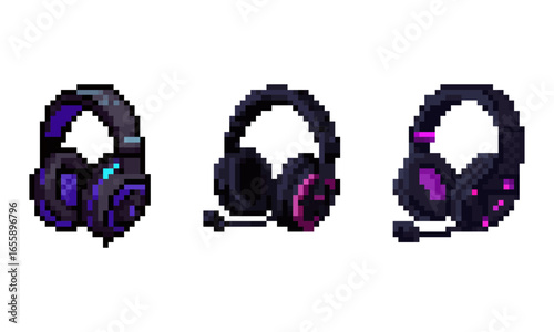This image presents three pixelated headsets, a nod to retro gaming aesthetics. The stylized designs showcase a blend of vintage charm and modern audio technology. Ideal for themes involving digital