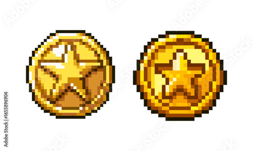 This image features two pixel art golden coins each adorned with a star emblem. The design evokes a retro gaming aesthetic making them suitable for various design projects.