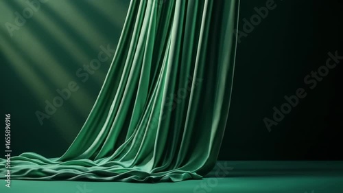 Green draped fabric softly illuminated against a dark background