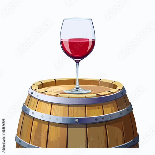 glass of red wine and a bottle placed on a barrel in a vineyard restaurant