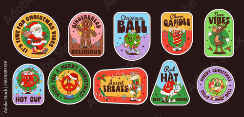 Christmas and New Year hippie groovy label stickers vector set. Retro Xmas patches featuring festive characters like Santa, gingerbread man, reindeer, ornaments, and treats with upbeat holiday phrases