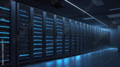 A server room filled with rows of data servers with blue lights and a dark and futuristic atmosphere