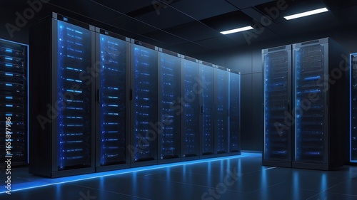 Schilderij op canvas A server room with multiple server racks illuminated with blue lights in a dark