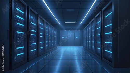 A long hallway filled with server racks and bright blue lighting in a data center environment space
