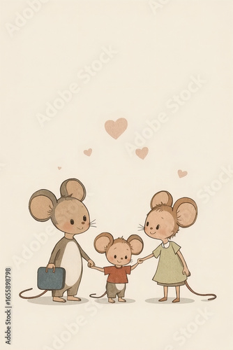Cartoon Illustration of Three Mice Holding Hands