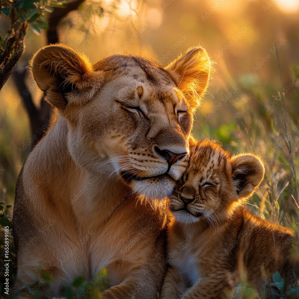 Obraz premium A lion cub and her mother cuddle each other.
