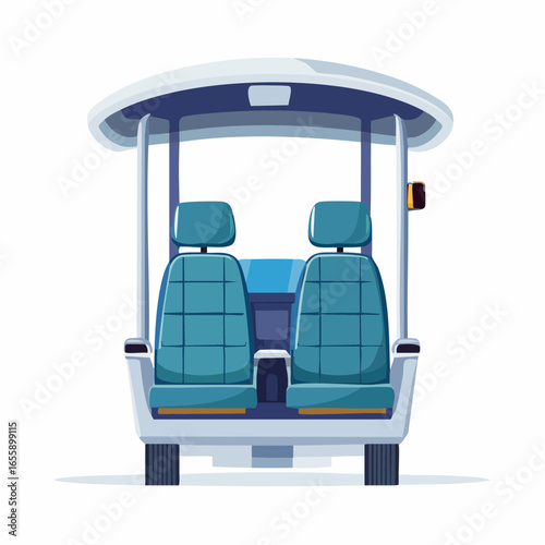 Front view of a light blue, open-air vehicle with two seats, a roof, and a visible dashboard, presented in a cartoon style.