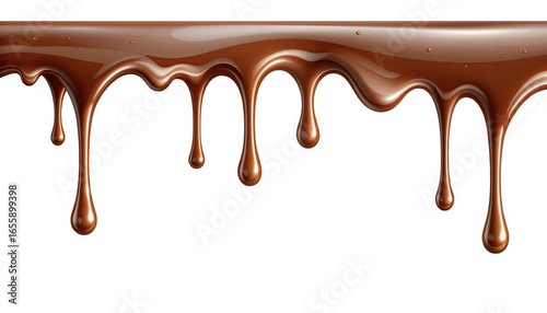 Melted chocolate dripping down sweet dessert indulgence isolated on white background