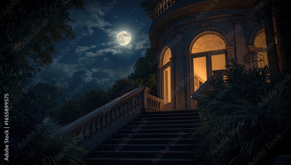 Fototapeta premium Stairway leading to a building with illuminated windows under a full moon at night with trees around