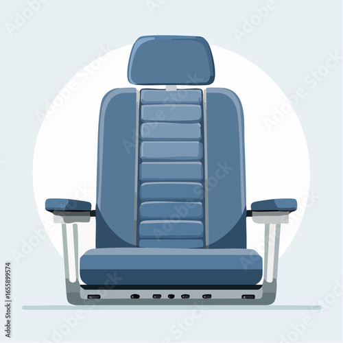Isolated illustration of a blue airplane seat with headrest and armrests on a white background.