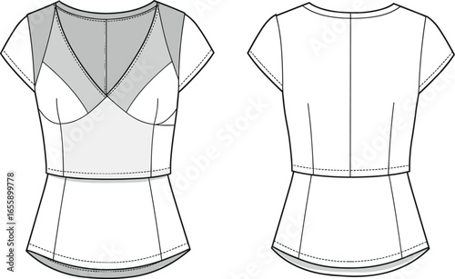 Elegant women's peplum top technical fashion sketch with V-neckline, cap sleeves, and structured bodice detailing for stylish apparel CAD, flat vector illustration